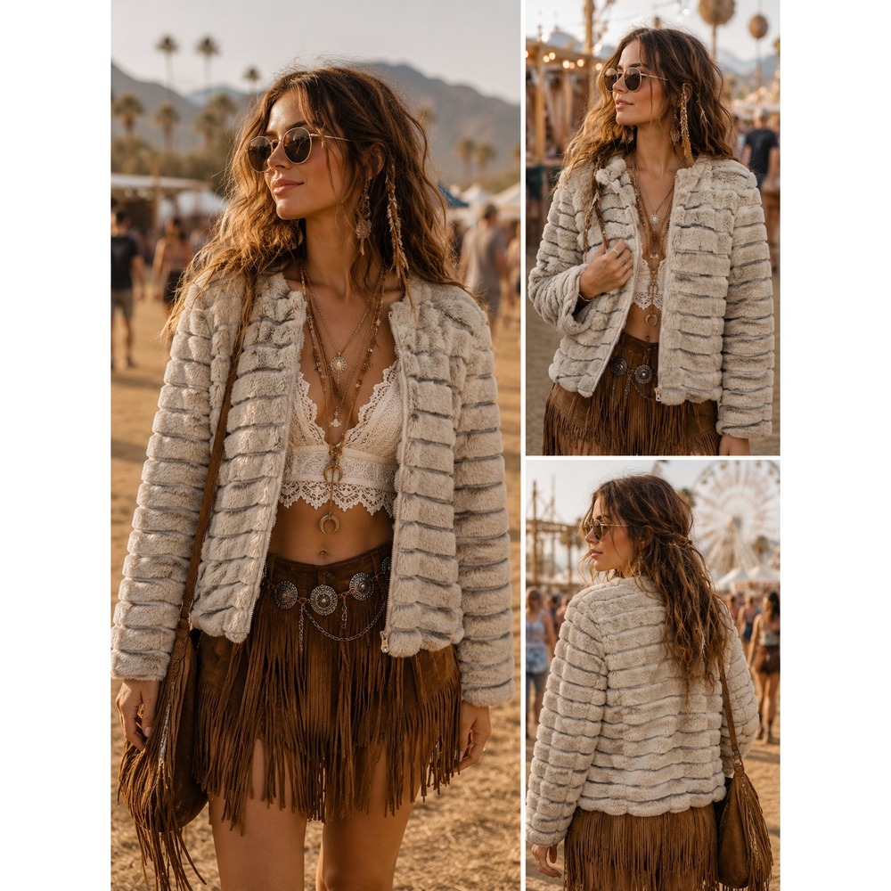 Boho Festival Party Glam Katydid Light Gray Faux Fur Tier Zip Up Jacket XL Coat